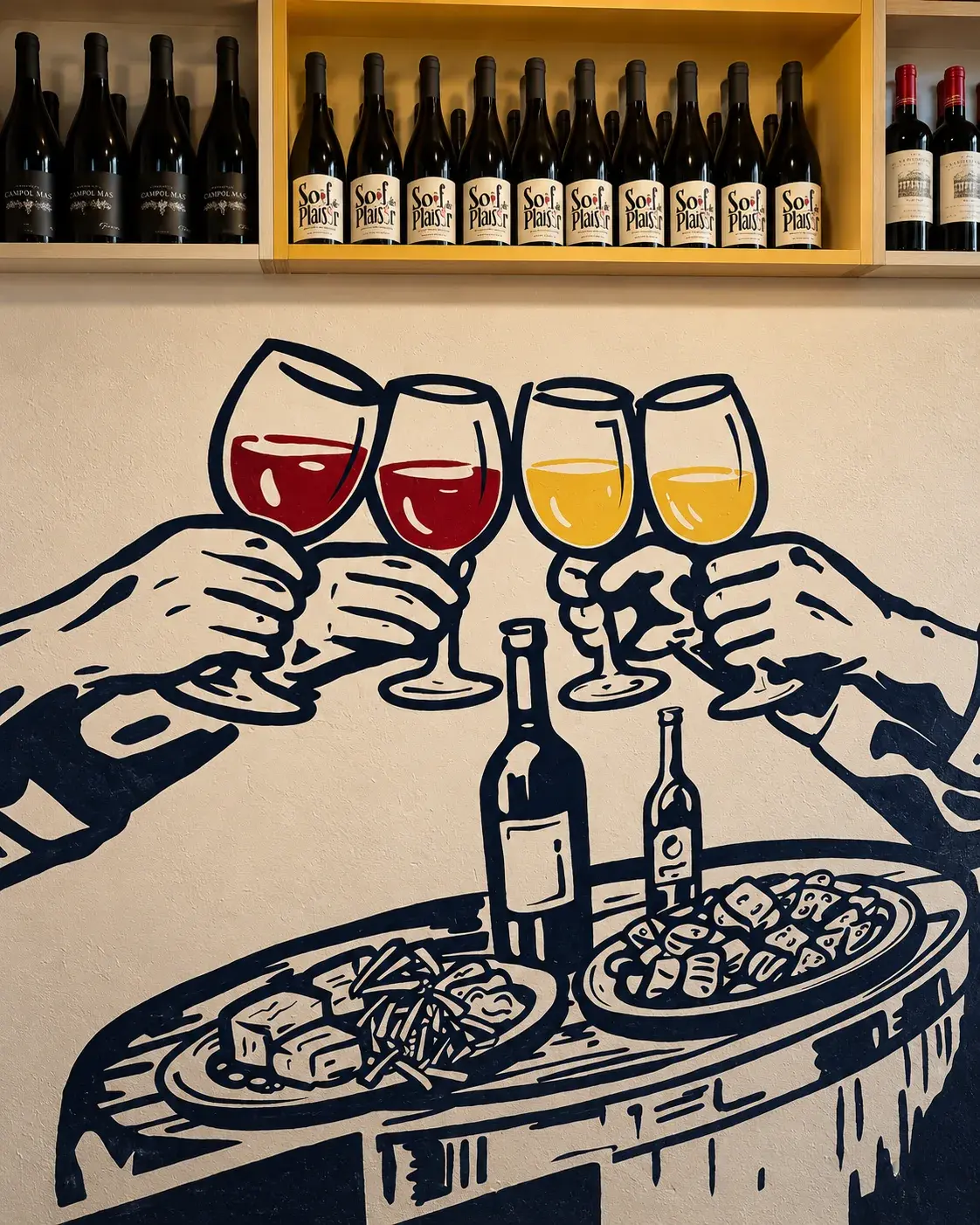 La fresque de l’escalier de la cave : quatre verres qui trinquent au-dessus d’une planche de tapas, sous des étagères de bouteilles.