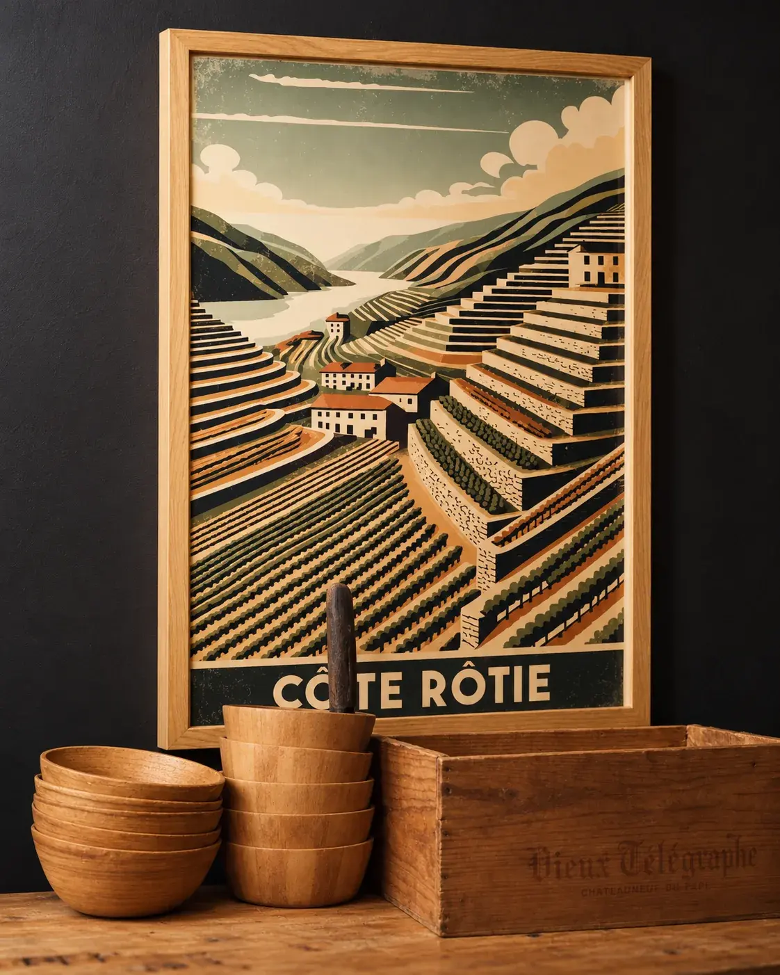 Une affiche encadrée de la Côte-Rôtie, des bols en bois et une caisse de vin posés sur le comptoir.
